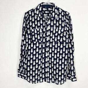 Talbots Shirt Womens Medium Button Up Blouse Navy Blue White Pineapple